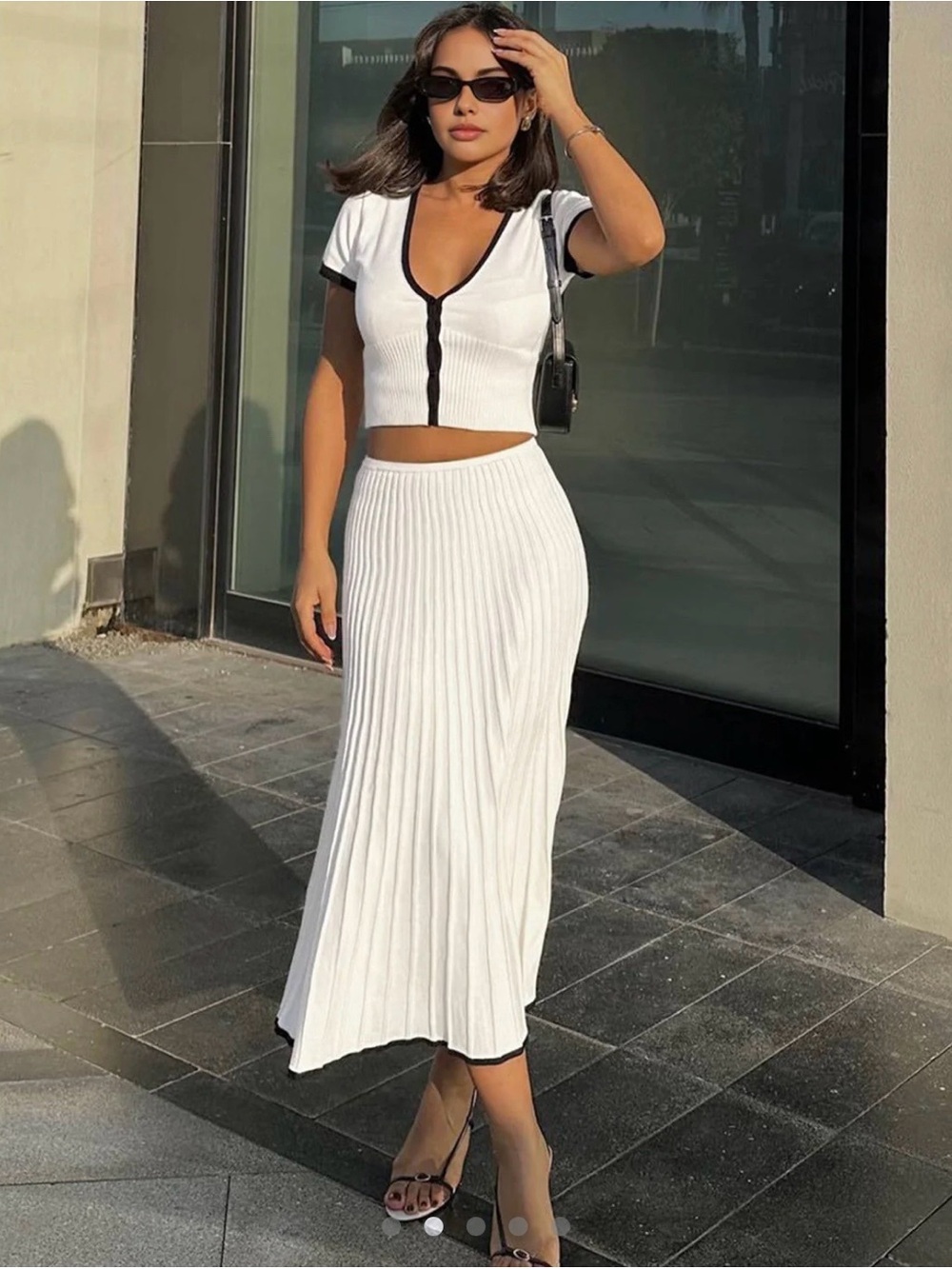 White Ribbed Pleated Midi Skirt - Women's